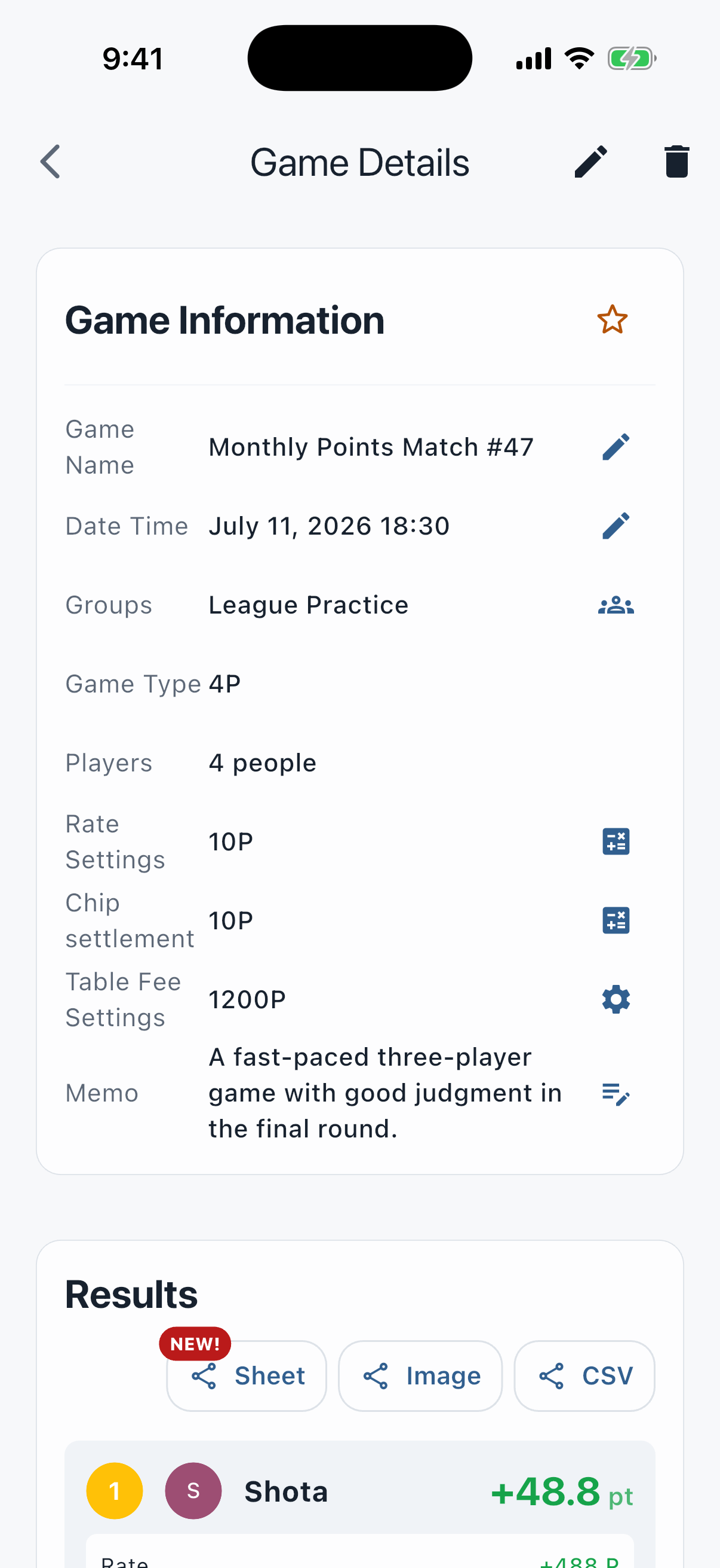 Game details screen showing rules and final results