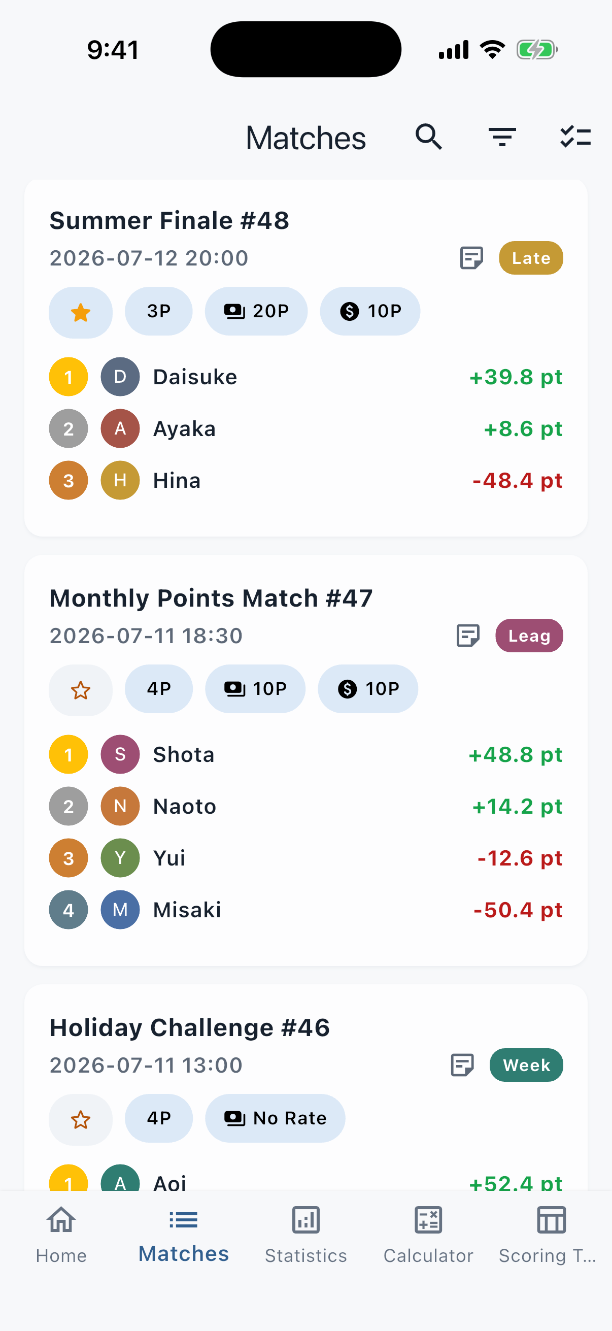 Match history screen with search and filters