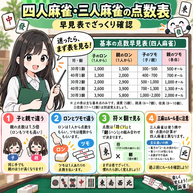 四人麻雀・三人麻雀の点数表の図解